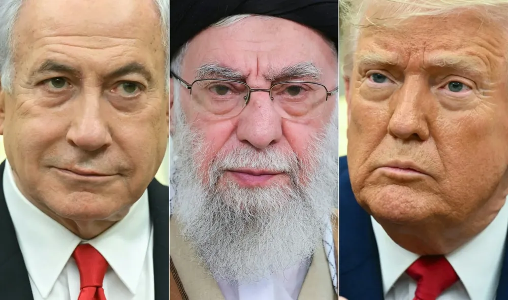 El prime ministro Israelí Benjamín Netanyaju (Izquierda); Lider Supremo de Irán, Ayatola Ali Khamenei (centro); Donald Trump, presidente de Estados Unidos (derecha).